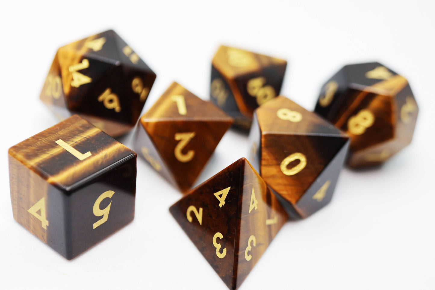 Tiger's Eye - Engraved with Gold RPG Dice Set -