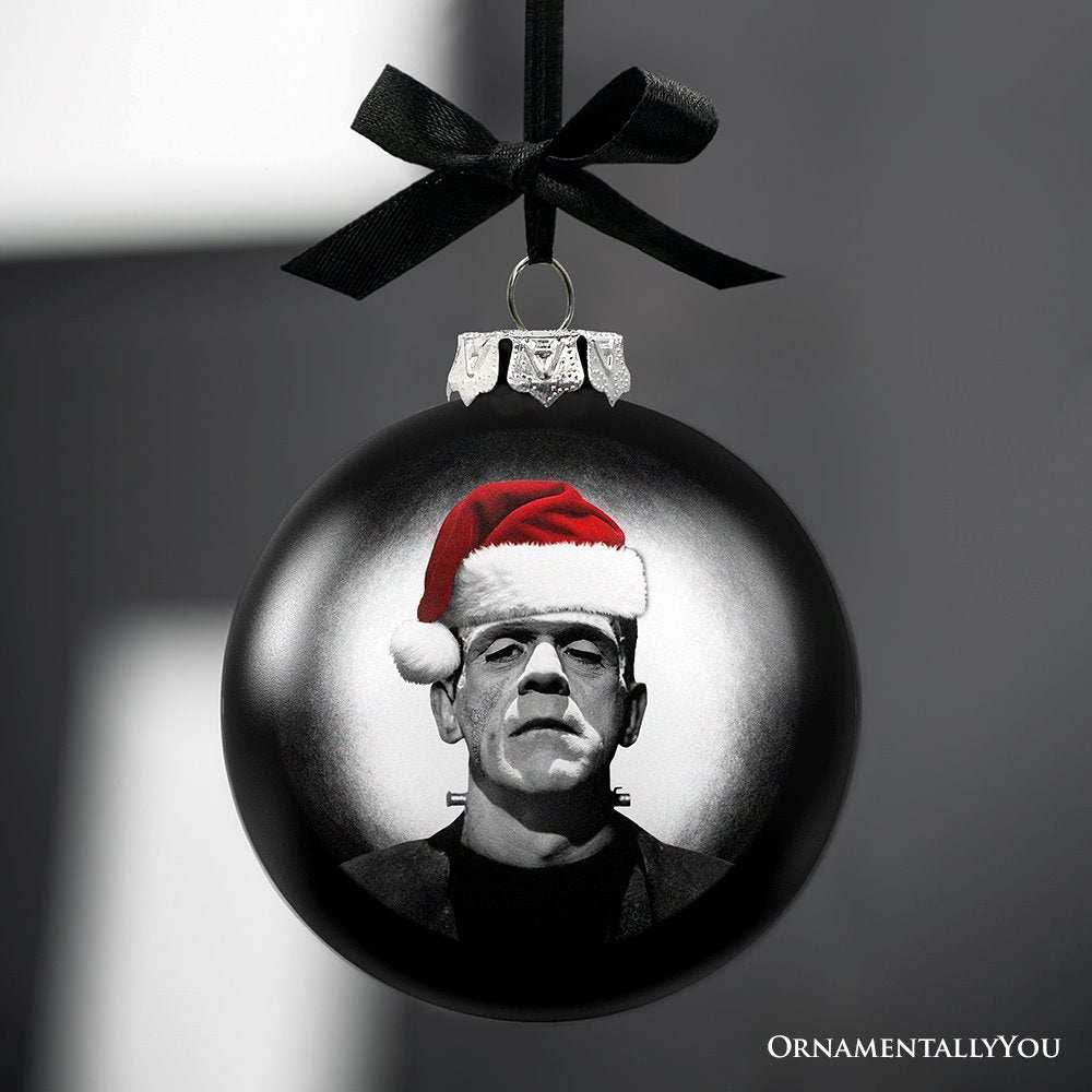 Frankenstein Christmas Spooky Portrait Glass Ornament, Black Horror Halloween Tree Decoration -