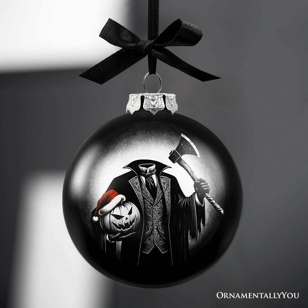 Headless Horseman Spooky Portrait Glass Christmas Ornament, Black Horror Halloween Tree Decoration -