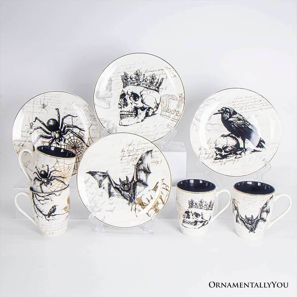 Elegant Goth Set of 4 Ceramic Mugs with Real Gold Trim, Black and White Spooky Halloween Coffee Cup Kitchen Gift -