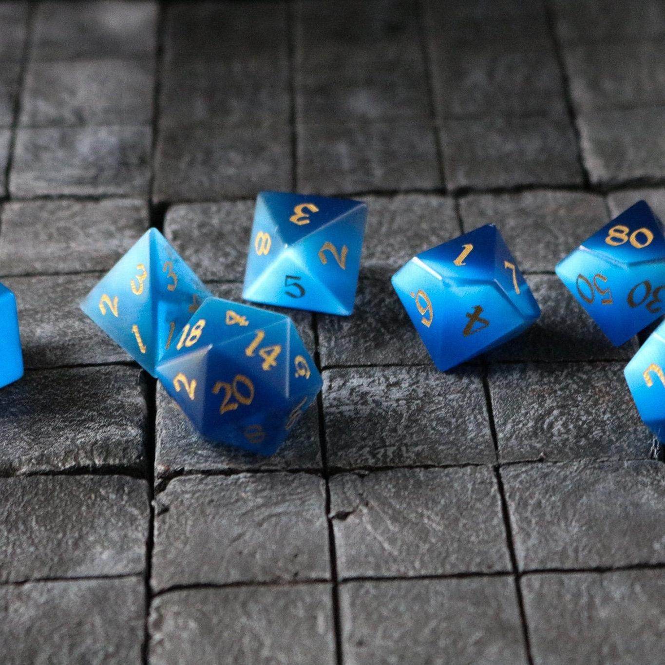 Gemstone Dark Blue Cats Eye Stone Hand Carved DND Dice Set - Full Set And Free Dice Box