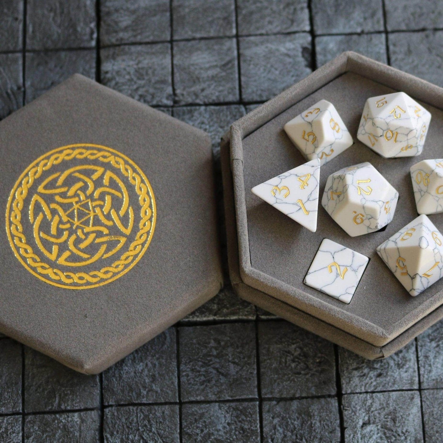 Gemstone Synthetic Magnesite Hand Carved (And Box) DND Dice Set -