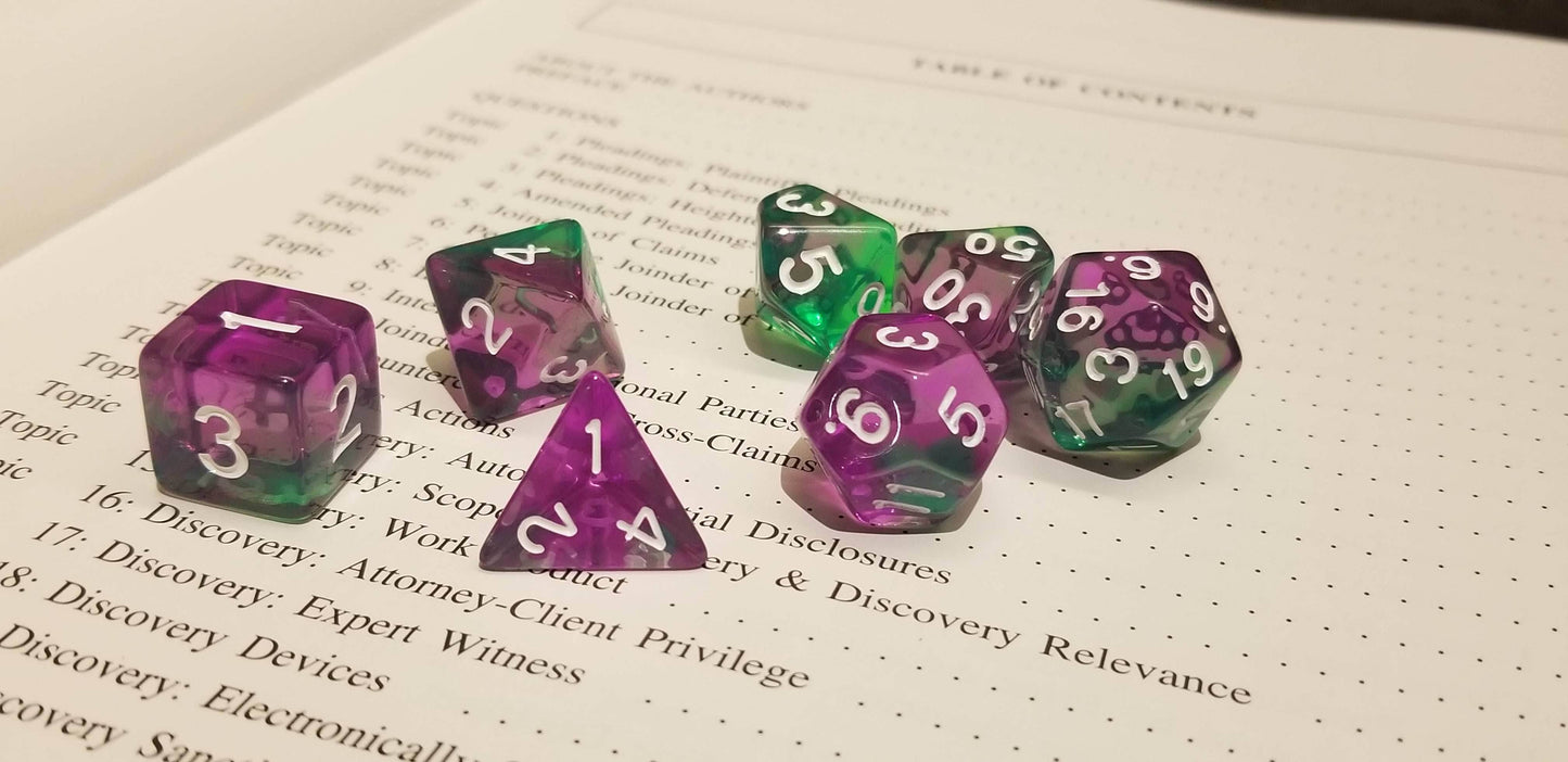 Violet Evergreen Translucent Purple/ Green Poly Dice Set with White (7) RPG DnD HdDice -