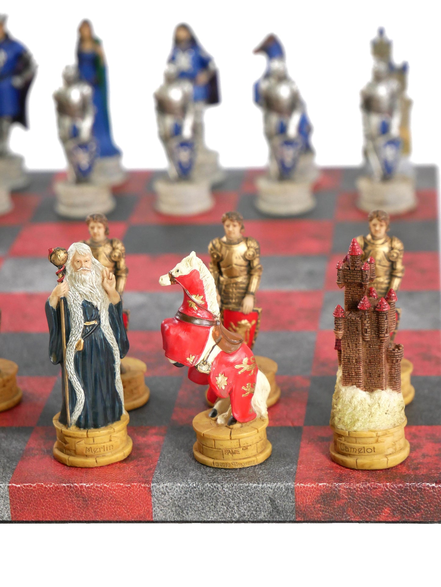 Chess Set - King Arthur Resin Chessmen on Red & Dusky Black Faux Leatherette Chess Board -