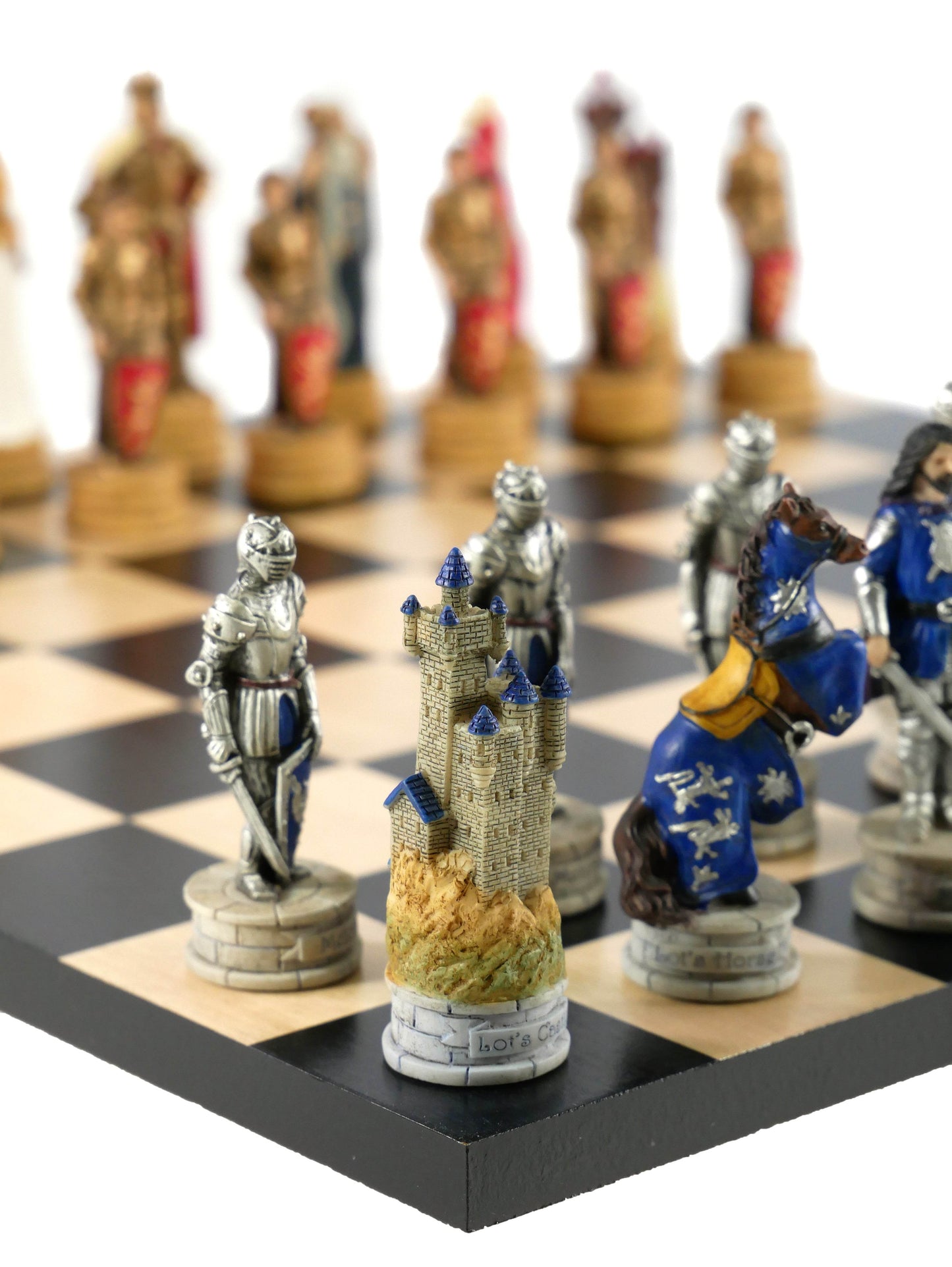 Chess Set - King Arthur Resin Chessmen on Black/Maple Chess Board -