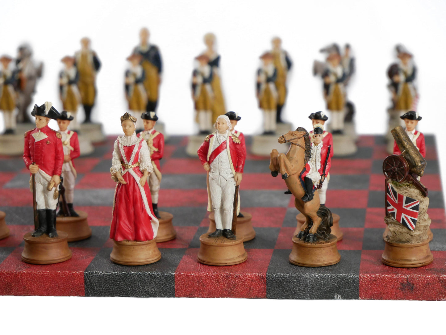 Chess Set - Painted Resin American Revolution Pieces on Red & Dusky Black Faux Leatherette Chess Board -