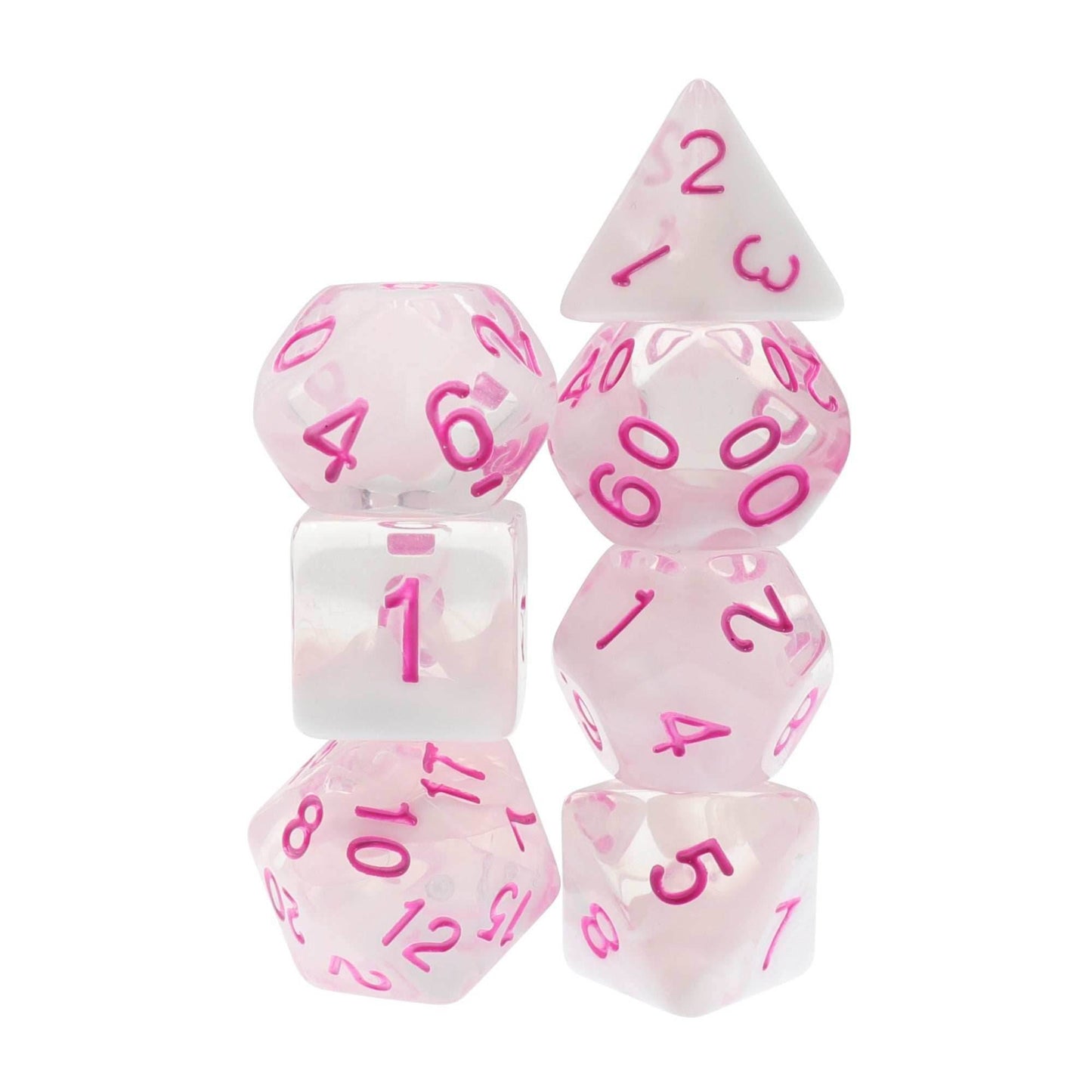 Cloudy Passion Translucent White Swirl Poly Dice Set with Pink (7) RPG DnD HdDice -