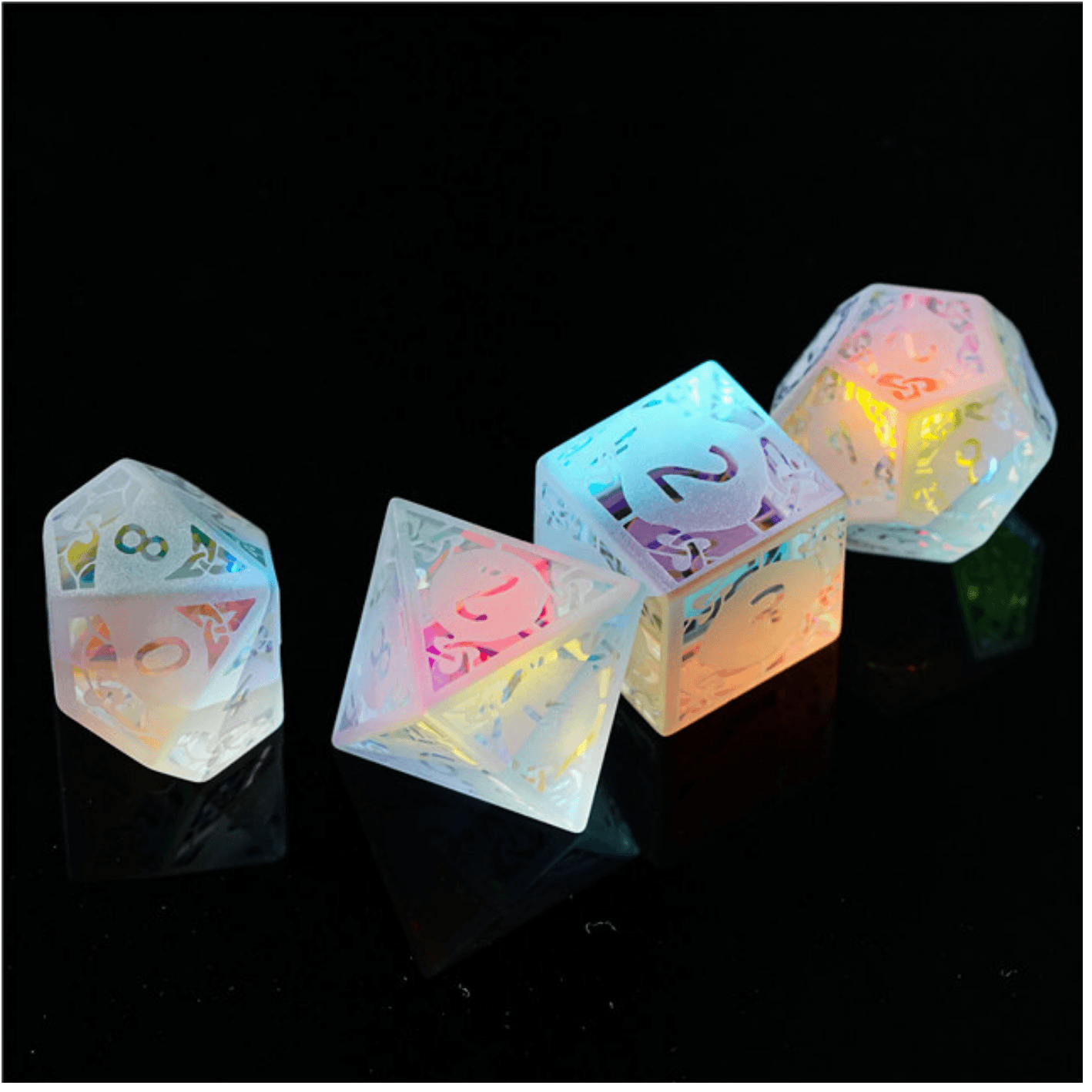 Rainbow Crystal and Flourish - Gemstone Engraved RPG Dice Set -