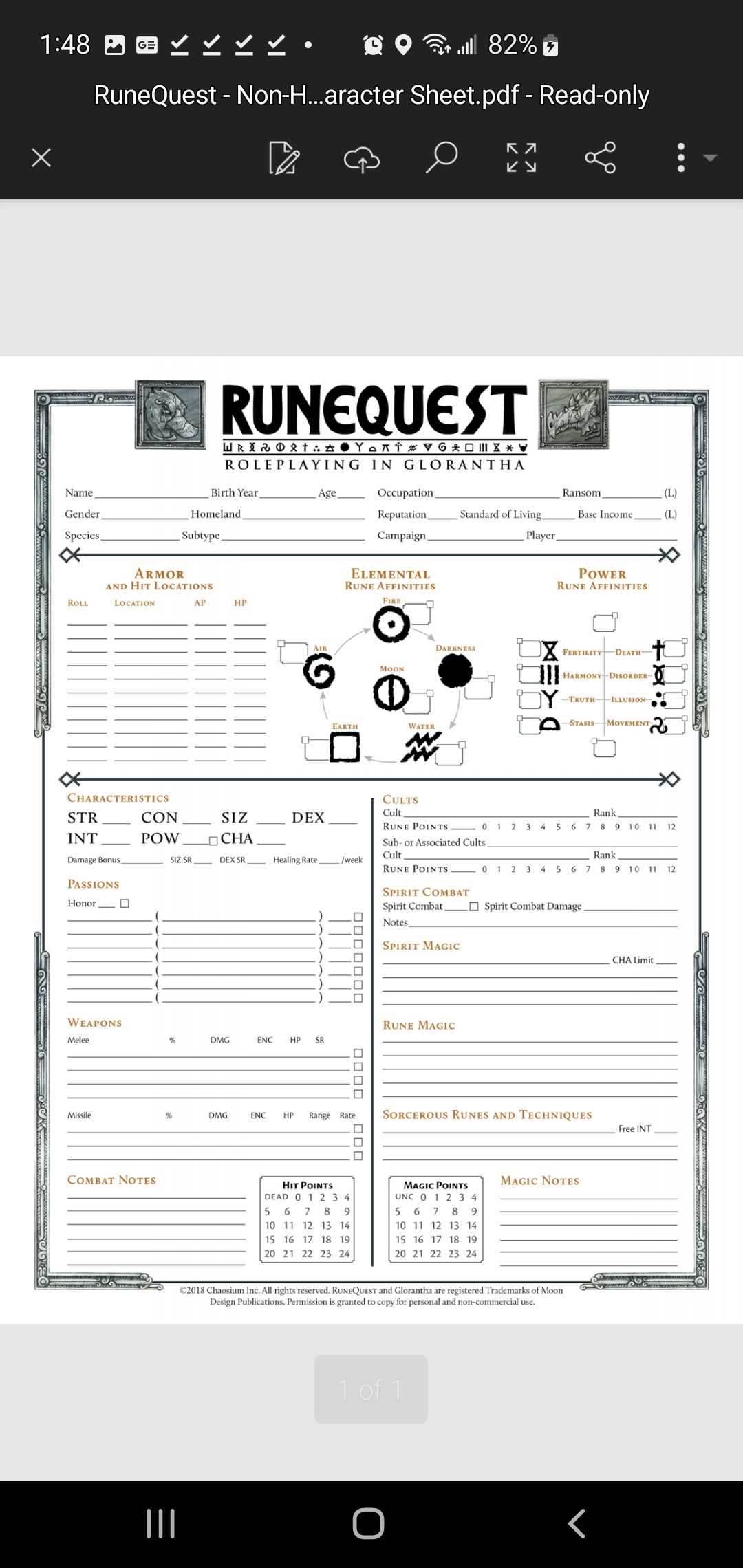 Rune Quest Non Human Character sheet by Chaosium -