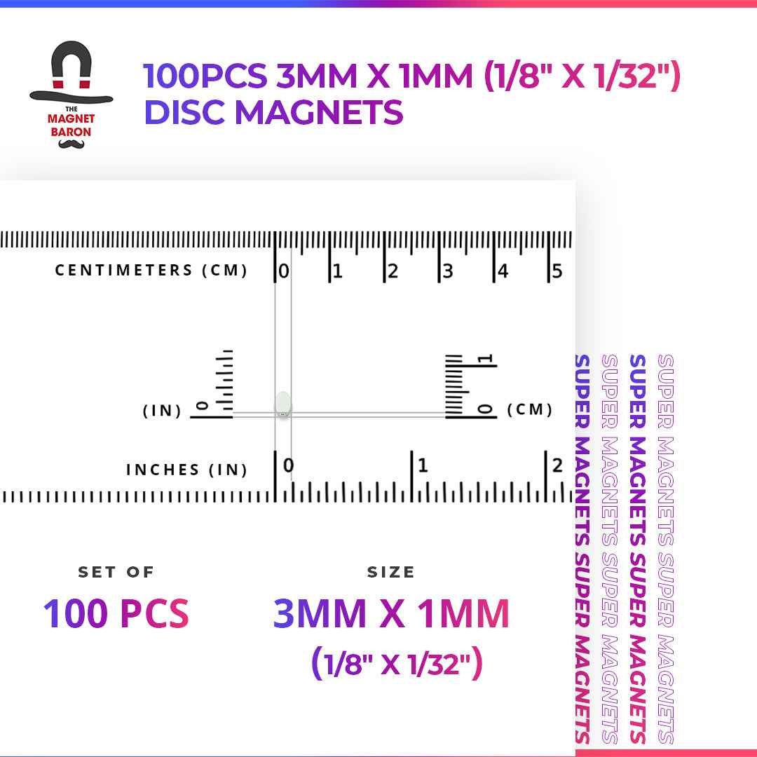 100pcs 3mm x 1mm (Approximately 1/8" x 1/32") Disc Magnets