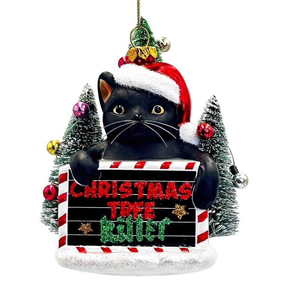 Christmas Tree Killer Funny Black Cat Glass Christmas Ornament, Whimsical Funny Tree Decor -
