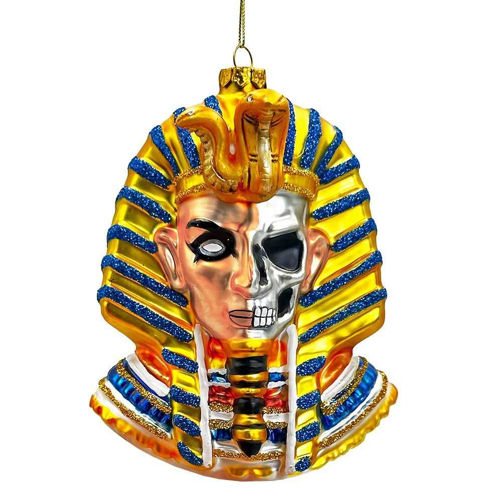 Evil Egyptian Pharoah Half Skull Head Glass Ornament, Gothic Halloween Tree Decor -
