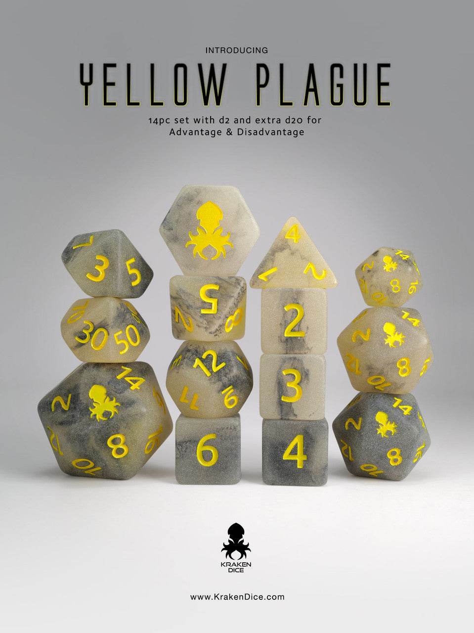 Kraken Dice Yellow Plague Glow in the Dark 14 pc Dice Set -