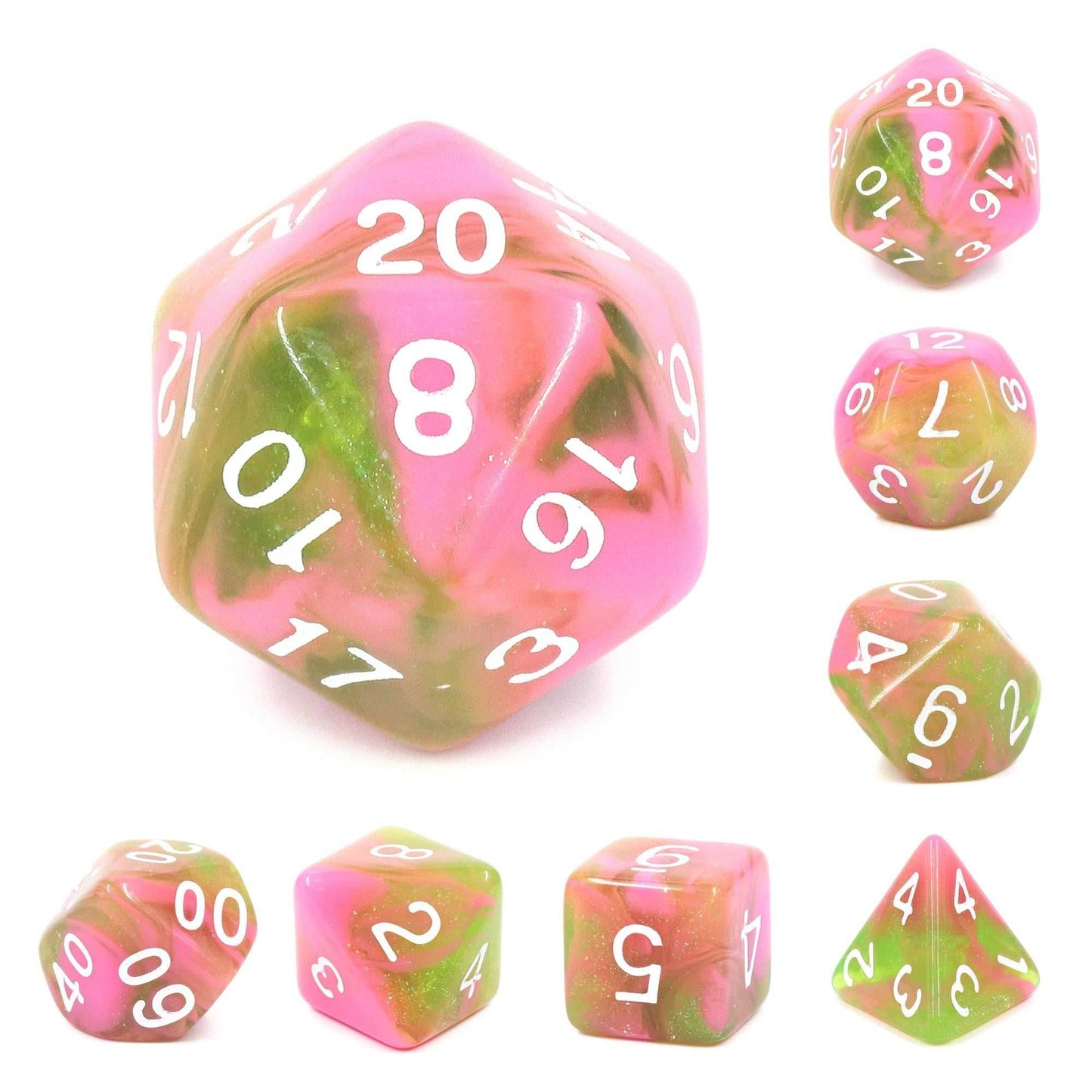 Apple Taffy Lime Green/Pink Glitter/Swirl 7-Dice Set by HendgaDice -