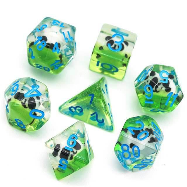 Panda on Green Field w/ Glitter 7-Dice Set -