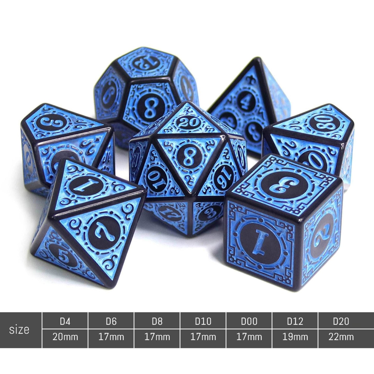Blue Magic Flame 7-Dice Set DND RPG Dice Black w/Color Fill -