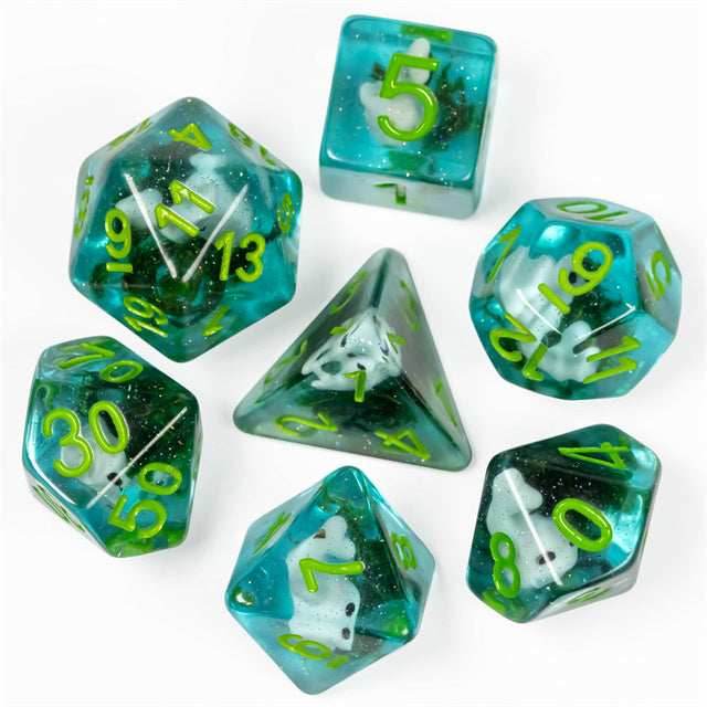 White Fish Seaweed 7-Dice Set w/Green Numbers Dnd Dice Set -