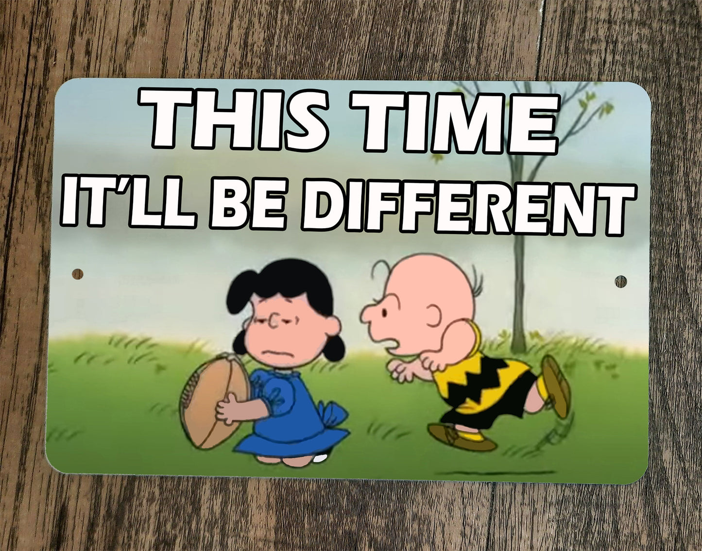 This Time It'll Be Different Charlie Brown and Lucy Football 8x12 Inch Metal Wall Sign
