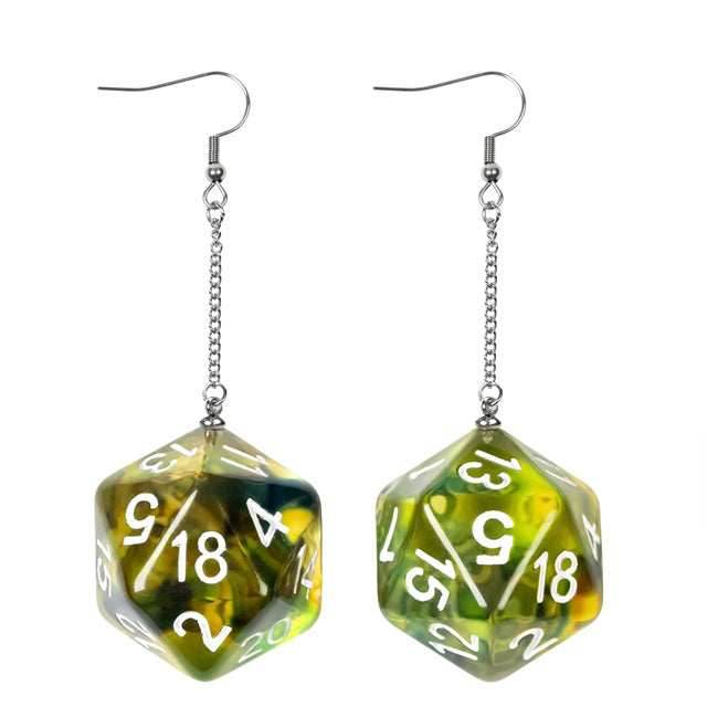 Green Dice Earrings: D20 Dice w/Colorful Inclusion Nerdy RPG Jewelry -