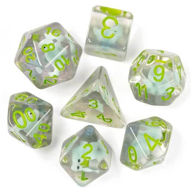 Dinosaur on Glitter 7-Dice Set w/Green Numbers Dnd Dice Set -