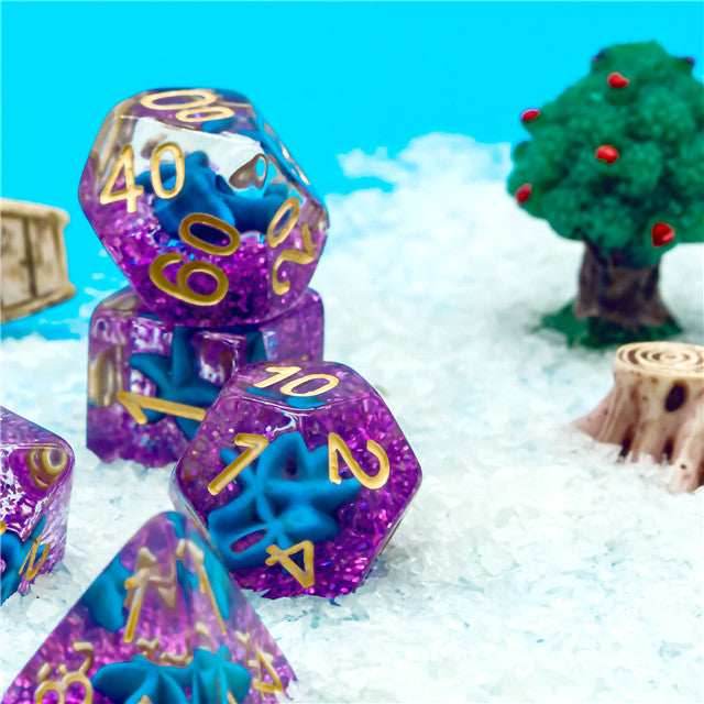 Purple w/Blue Starfish Dice 7-Dice Set Resin Dungeons and Dragons Dice -