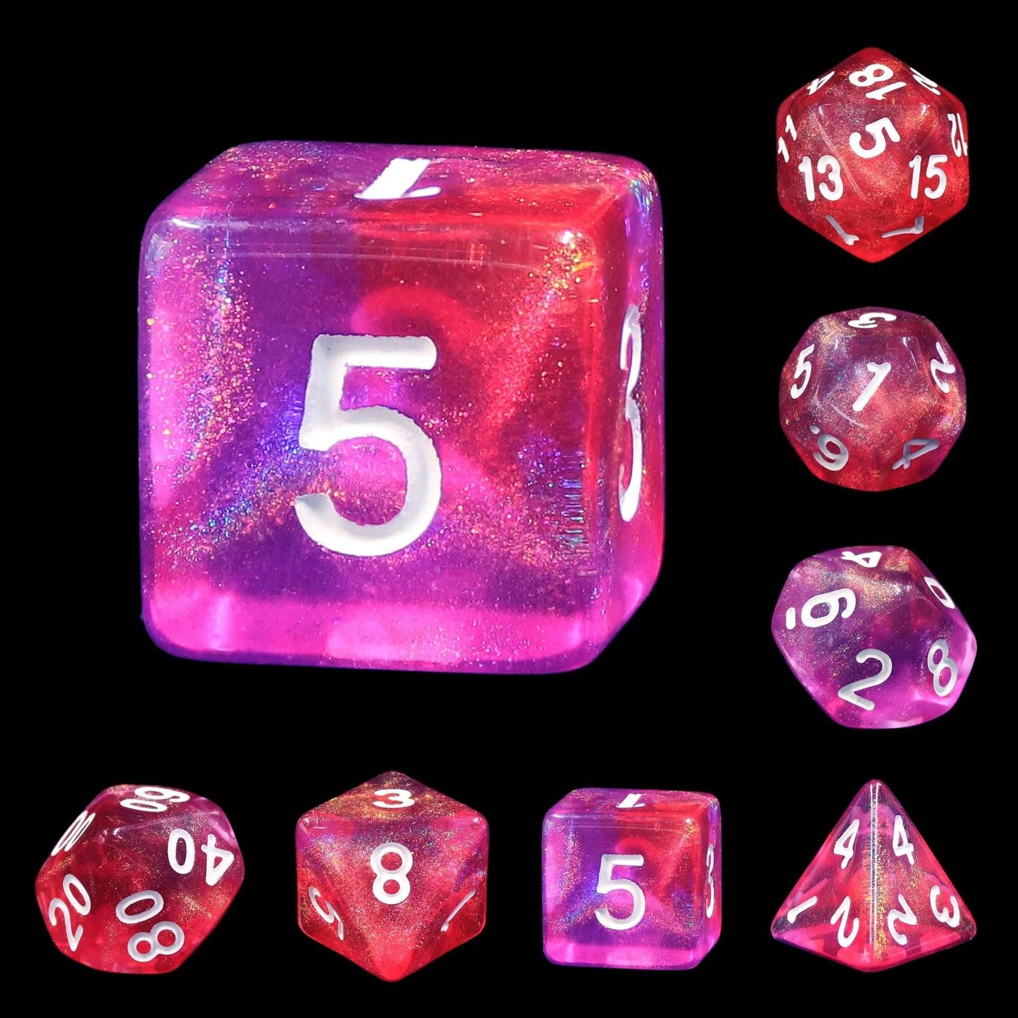 Carbon Stars Pink/Purple Glitter 7-Dice Set by HendgaDice -