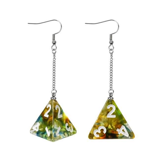 Green Dice Earrings: D4 Dice w/Colorful Inclusion Nerdy RPG Jewelry -