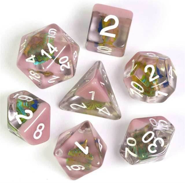 Peacock + Pink 7-Dice Set w/White Numbers Dnd Dice Set -