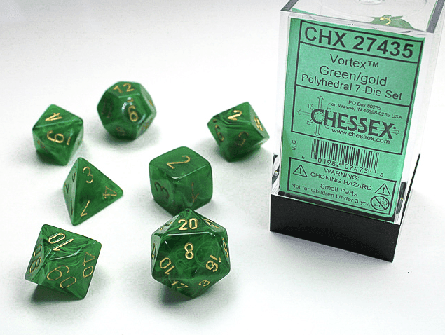 Vortex® Polyhedral Green/gold 7-Die Set | DND Dice Set by Chessex 27435 -