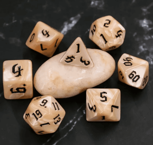 Beige Pearl 7-Dice Set Cream Marble w/Black Dnd Dice Acrylic -