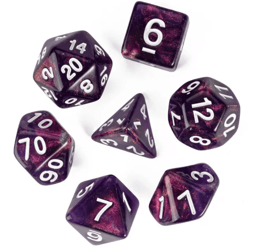 Purple Translucent Glitter Dice 7-Dice Set w/White Dnd Dice Resin -