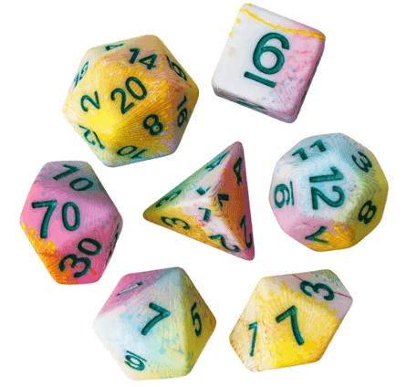 Pastel Multi-Colour Mix Pattern Dice 7-Dice Set w/Green Dnd Dice Resin -