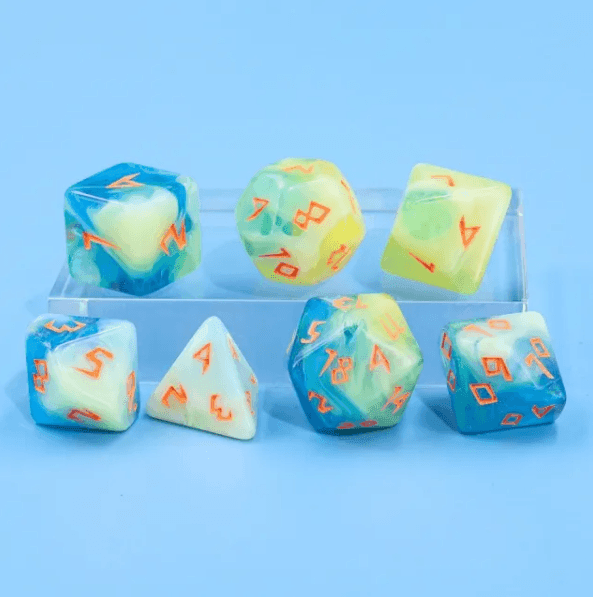 Tranquil Summer Dice 7-Dice Set | Blue and Yellow Glitter Primitive Font -