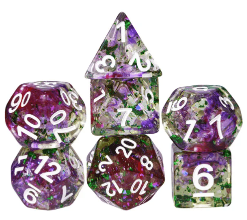 Green & Purple 7-Dice Set | Swirl Foil Series Dice Semi-Translucent -