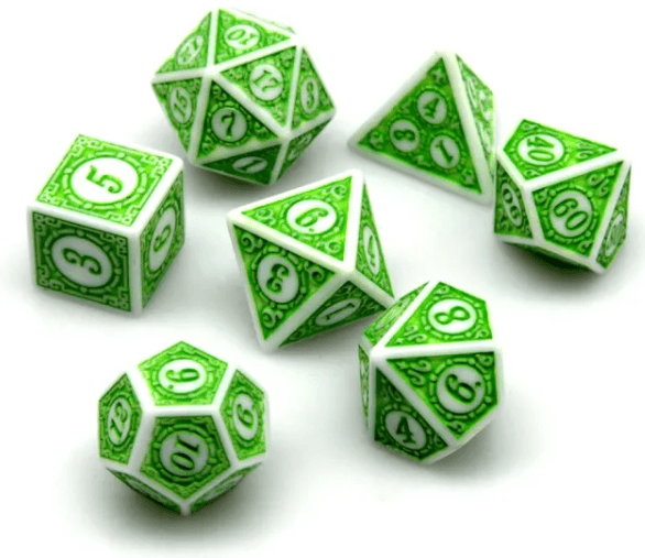 White & Green Magic Flame 7-Dice Set DND RPG Dice Green Color Fill -