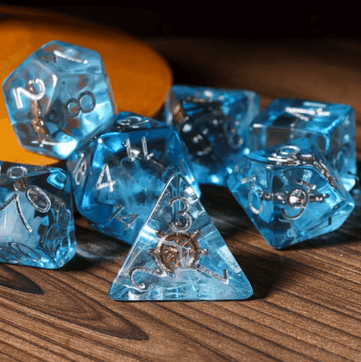 Nautical Odyssey Blue 7-Dice Set DND RPG Dice Gold Rudder Inclusion -