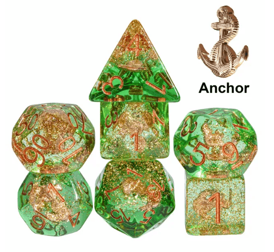 Nautical Odyssey Green 7-Dice Set DND RPG Dice Gold AnchorInclusion -