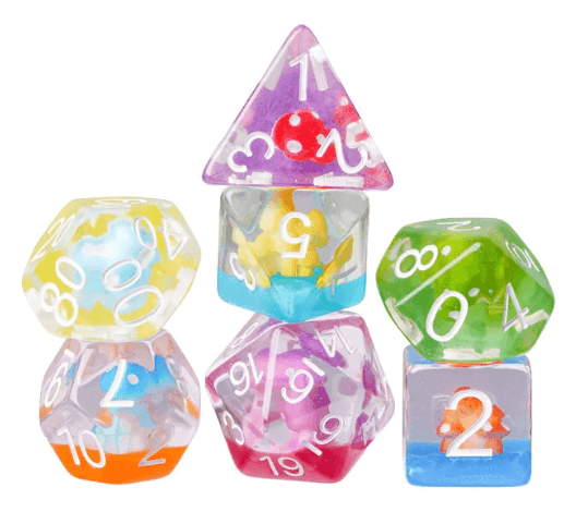 Enchanted Forest Mushroom Dice Set: 7-Piece Clear Resin RPG Dice w/Vibrant Botanicals -