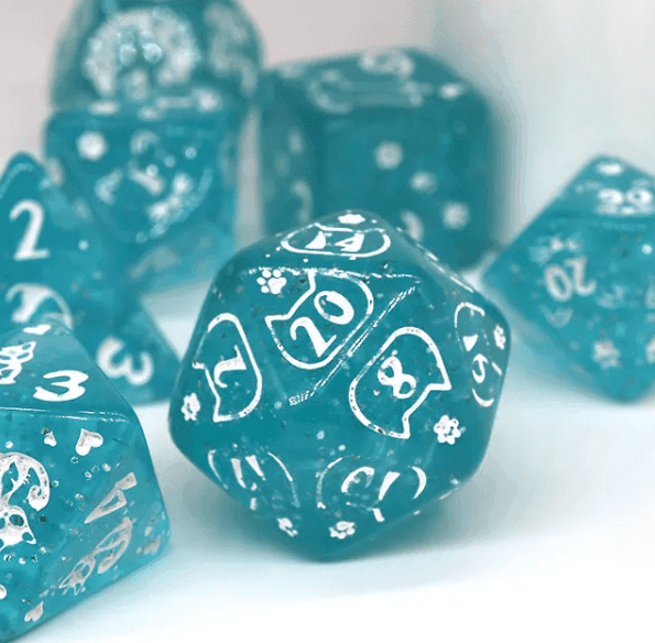 Imperfect - Cat's Meow Blue 7-Dice Set with Silver Glitter - Cat-Themed - Discounted -