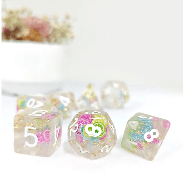 Fruit Medloy | 7-Dice Resin Dice Set DND Dice with Inclusion -