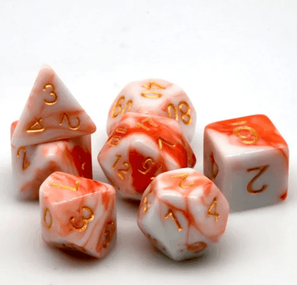 Kapok's Pain 7-Dice Set Off Red & White w/Gold Numbers Dnd Dice Set -