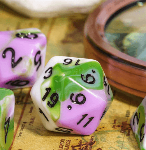 Aasimar's Pain 7-Dice Set Blended Green/Purple/White w/Black Numbers Dnd Dice -