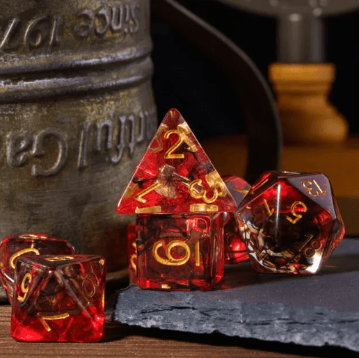 Translucent Red & Clear Barbarian-Style 7-Dice Set Gold Axe Inside -