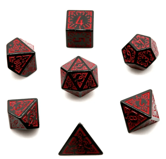 Arcane Flames Glyph Polyhedral Dice Set | 7-Dice Black & Red -