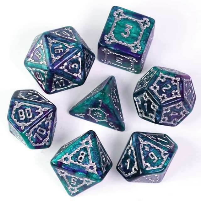 Two-Tone (Purple/Green) Huge Castle Dice (D6:25mm) 7-Dice -