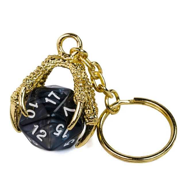 Claw Black D20 Keychain Featuring Gold Metal Dragon Claw + d20 -