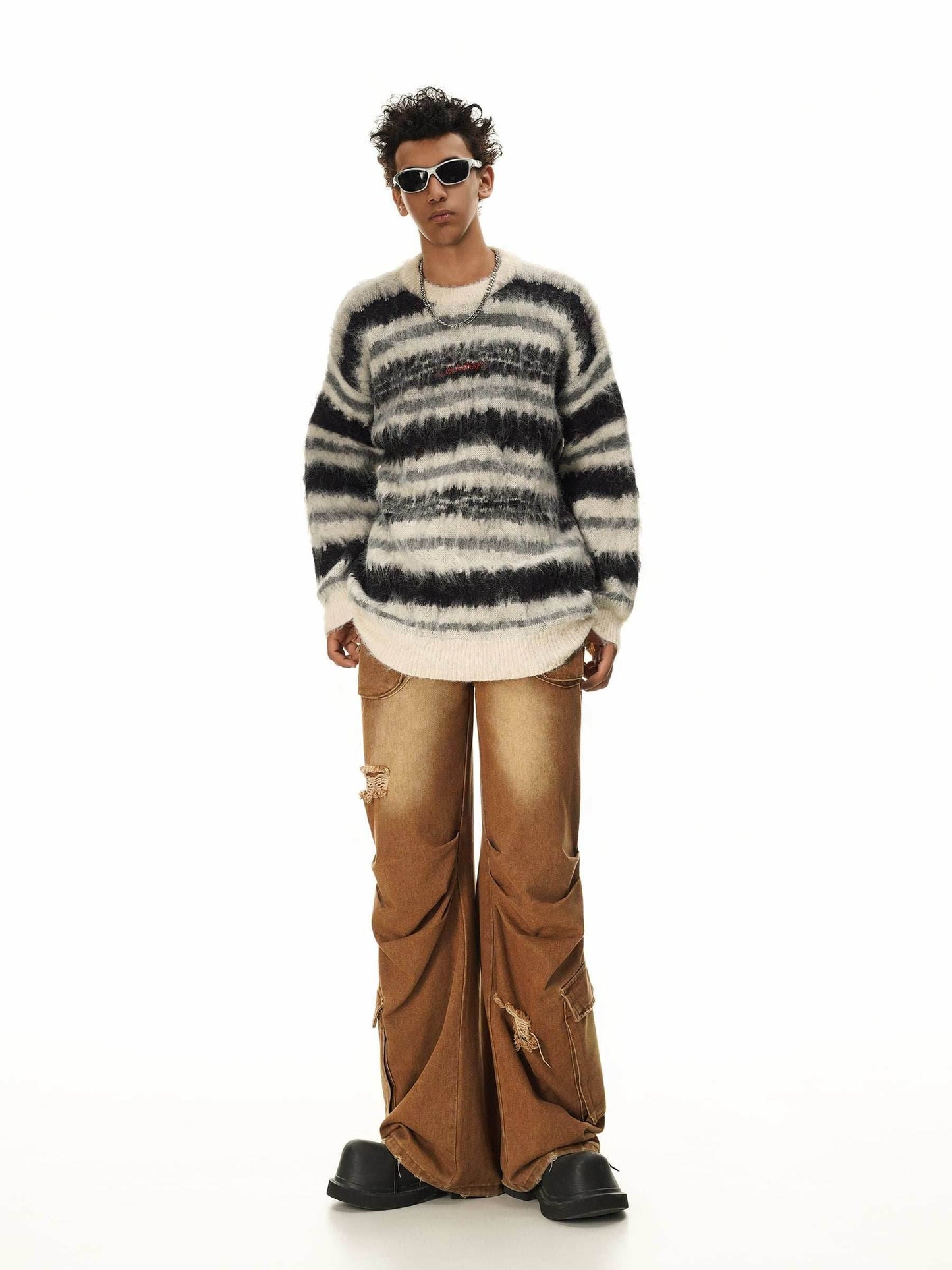 Cream and Black Striped Knit Sweater - S
