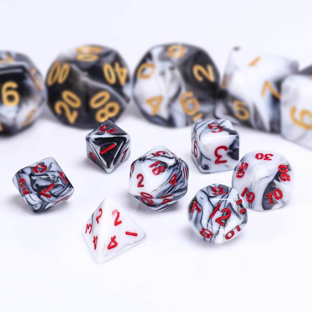 Black-White Blend 7-Dice Mini-Dice RPG Set w/Red Numbers Miniature Dice -