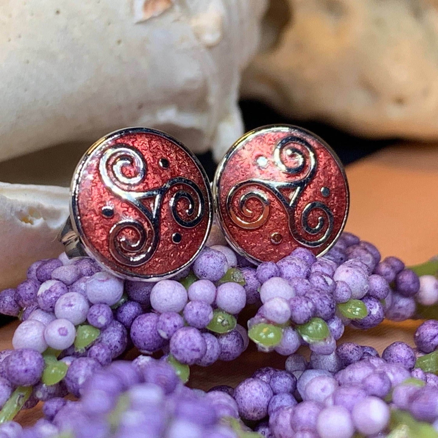 Celtic Triskele Stud Earrings - Green