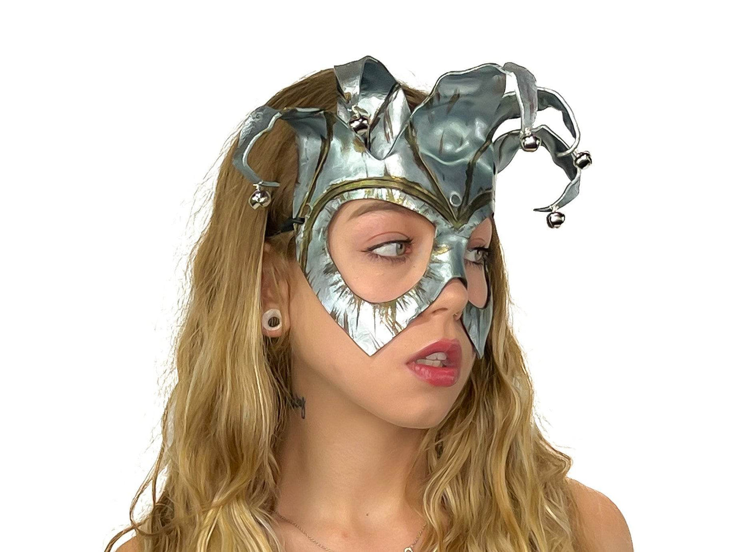 Handmade Genuine Leather Five Point Jester Mask in Patina Silver -